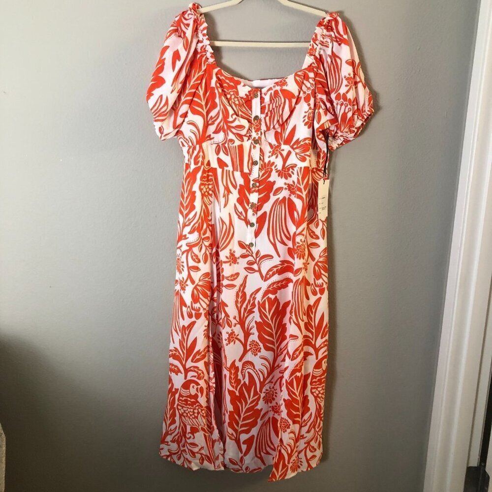 Unique Vintage Midi Dress Women's size XL White Orange Parrot Empire Waist NWT's - Picture 2 of 11